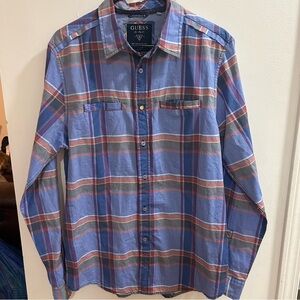 GUESS Men's Size Medium Blue Plaid‎ Long Sleeve Button Up Shirt